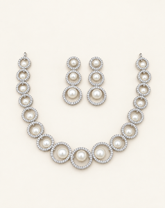 Elegant Circular Link Necklace <b>Set</b> <b>Pearl</b> Center Motif And Matching Triple Circle Earring For Party Wear AD <b>Jewelry</b> <b>Set</b> Wholesale - Product Image 1