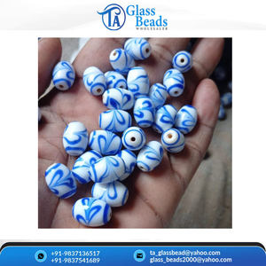 Perles en verre filé bleu et blanc en gros, perles tubulaires ovales florales peintes à la main, style porcelaine, perles d'espacement lâches - Product Image 2