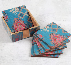 Posavasos Cuadrados de MDF Impresos, Antideslizantes, Juego de Manteles Individuales para Mesa, Diseño con Patrón Azul y Rojo, Soporte para Posavasos de MDF - Product Image 1