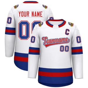 Maillot de hockey sur glace personnalisé pour homme, blanc, bleu, rouge, col rond, manches longues, impression sublimée, Captain C, évacuation de l'humidité, hiver, adulte - Product Image 1