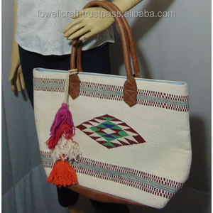 Leather White Handle Handloom White Durries Cotton <b>Handbag</b> Eco Friendly Cotton Tote Bag Handmade Beach Shopping Shoulder Bag - Product Image 3