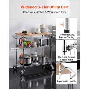 Carrello di Servizio Portatile a 3 Ripiani Regolabili in Filo Metallico Resistente con Piano in Legno e Maniglia, per Cucina e Utilità - Product Image 2