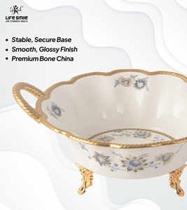 ชามผลไม้เซรามิกเนื้อละเอียดสีขาว พร้อมขาตั้งและหูจับสีทอง ดีไซน์หรูหรา เหมาะสำหรับงานเลี้ยงและเป็นของขวัญ - Product Image 3