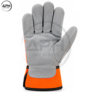 Full <b>Finger</b> Leather Palm Reflective Stripe Work Hand Wear Adjustable Cuff Wholesale Rate Grey Orange Hi Visibility <b>Gloves</b> - Product Image 2