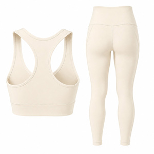 Women's Cream <b>Racerback</b> Sports <b>Bra</b> & High Waist Leggings Set Yoga Fitness Activewear Seamless Breathable Quick Dry - Product Image 3
