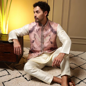 <b>Men's</b> Silk Festive Nehru <b>Jacket</b> & Kurta Set with Matching Bottom <b>for</b> Diwali Wedding Parties & Traditional Occasions (Ramadan) - Product Image 1