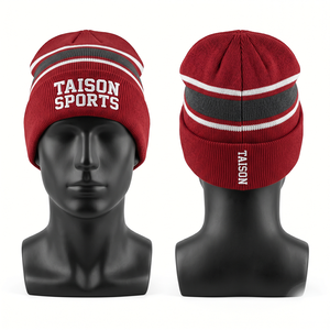 Gorro de Voleibol de Punto Acrílico Premium de 320 GSM, Rojo, Blanco y Gris a Rayas, con Puño y Logotipo Personalizado Bordado - Product Image 1