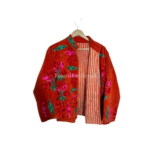 Women's Stand Collar Quilted Velvet Jacket Floral Embroidery Cotton Lining Quick Dry Feature Casual Boho Chic Design Rajasthan - Product Image 1