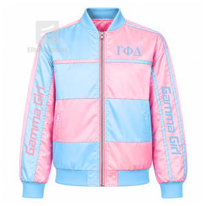 Chaqueta cortavientos personalizada de la hermandad Gamma Phi Delta con logo bordado en azul cielo y rosa, estilo casual para mujer con forro de poliéster. - Product Image 1