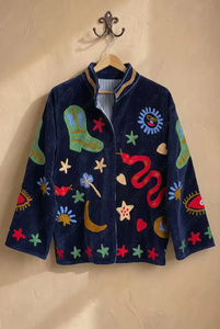 Veste bomber en velours à motif floral brodé Suzani, faite à la main, style bohème vintage, réversible, courte, ethnique, automne-hiver - Product Image 1