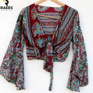 Top Corto de Seda de Alta Calidad con Mangas de Campana y Lazos, Traje de Danza del Vientre, Blusa Estilo Años 60 y 70, Ropa para Festivales - Product Image 1