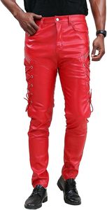 Pantalon skinny en cuir rouge gothique avec lacets latéraux, taille mi-haute, longueur complète, style disco, tenue de club - Product Image 4