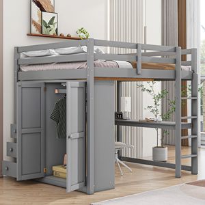Letto a soppalco matrimoniale grigio con armadio integrato, scrivania, scaffali portaoggetti e cassetti - Legno - Product Image 2