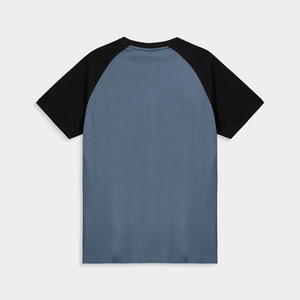 T-shirt pour homme à manches raglan, col rond, coupe classique, couleur unie, en coton tricoté, style décontracté, avec bordure contrastée bleu et noir, en vente - Product Image 5