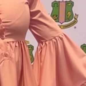 Women Peach Pink Mini <b>Dress</b> Long Flared <b>Bell</b> Sleeve Collared Button Front Ruffle Hem Loose Fit Elegant Casual Party Fashion - Product Image 5
