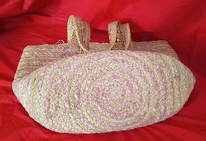 Sac cabas en paille rose rayé style bohème avec pompon, sac à main de plage décontracté pour femme, ouvert, léger, deux poignées - Product Image 5