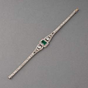 Pulsera de eslabones Art Deco vintage para mujer con circonita verde corte esmeralda en oro blanco de 14K, joyería para fiesta - Product Image 2