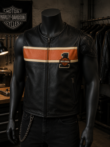 H-D Men's Genuine Leather Waterproof Breathable Windproof Autumn Moto <b>Vest</b> Embroidered Logo Back Solid <b>Black</b> Outer Wear - Product Image 2