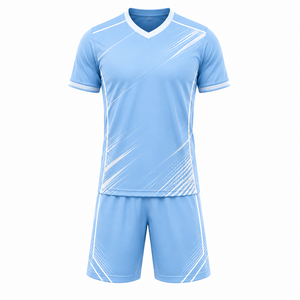 Conjunto de Camiseta y Pantalones Cortos de Fútbol para Hombre, Azul Claro, Geométrico, Cuello en V, Manga Corta, Absorbe la Humedad, Impresión Sublimada, para Todas las Temporadas - Product Image 1