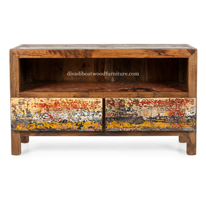 Mueble para TV DIVADI de Madera de Barco Reciclada, Sostenible, con 2 Cajones, Madera Sólida, Moderno, Unidad de Entretenimiento de Madera Reciclada, Soporte para Dispositivos Multimedia - Product Image 1