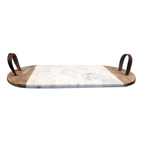 Plateau de service en marbre avec poignée en cuir Plateau de serveur plat en marbre blanc bon marché pour la maison et les hôtels Nouvelle arrivée - Product Image 1