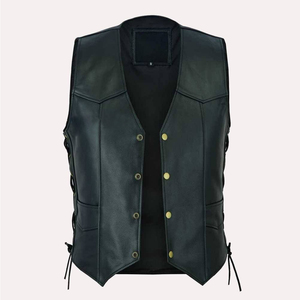 Chaleco de cuero tradicional color verde bosque oscuro con cuello en V profundo, material de cuero resistente para clubes de motociclistas. - Product Image 4