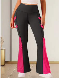 High Waist Flare <b>Pants</b> Women Solid Color Block Spandex Polyester Sporty <b>Summer</b> Full Length Breathable Elastic Waist <b>Pants</b> women - Product Image 1