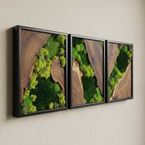 Ensemble de trois panneaux muraux en bois avec mousse, art mural en bois naturel fait à la main, décoration inspirée de la forêt, triptyque de luxe pour la décoration de la maison - Product Image 2