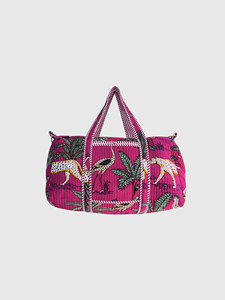Bolsa de Viaje Acolchada Rosa con Estampado de Palmeras y Leopardo Tropical, Bolsa de Lona de Algodón - Product Image 1