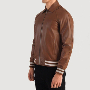 Best Seller Factory-Made Walton Brown Varsity <b>Jacket</b> High Quality Real <b>Sheepskin</b> Leather Stand Collar Eco-Friendly Windproof - Product Image 4