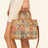 Sac fourre-tout en cuir PU pour femmes, poignée supérieure en bambou, bandoulière amovible, sac à bandoulière vintage à fleurs, grande capacité avec fermeture éclair