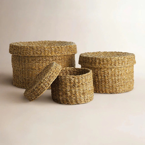 Top Selling Hot Trend Natural Seagrass Woven Storage Basket Unique Round Stackable <b>Box</b> with Lid Set of 3 For Home Hotel Decor - Product Image 6