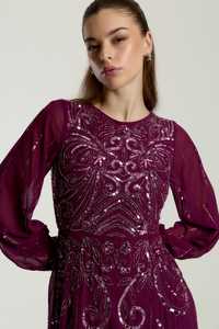 Vestido de Noche Borgoña con Lentejuelas y Estampado Floral en Relieve, Cuello Alto Regular, Cintura Natural, Estilo Sirena, de Gasa Transparente - Product Image 6