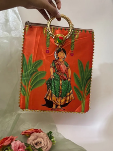Vibrant <b>Orange</b> Ethnic Handcrafted <b>Clutch</b> <b>Bag</b> with Traditional Rajasthani Girl Print Decorative Ring Handle Festive Potli Style - Product Image 2