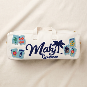 Mahjong Queen Embroidered Canvas Tote <b>Bag</b> White Fashionable Design All Seasons Travel Zipper Closure - Product Image 1