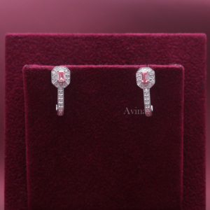 IGI Certified Lab Grown Diamond Pink Emerald Cut Halo Huggie Hoop <b>Earrings</b> in Solid 925 Sterling <b>Silver</b> Diamond <b>Earrings</b> - Product Image 1