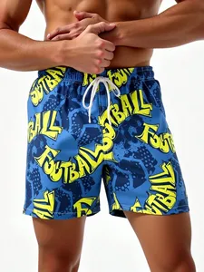 Short de bain tricoté pour homme, bleu, à séchage rapide, avec cordon de serrage, imprimé football et motif lettres, taille mi-haute, longueur courte - Product Image 1