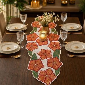 Camino de Mesa Bordado con Flores Rosas y Naranjas y Hojas Verdes para Decoración del Hogar - Product Image 6