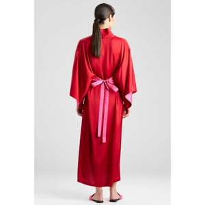 Kimono de satén rojo liso ecológico para mujer, largo hasta el suelo, de manga larga, con cinturón bordado, estilo vestido de descanso. - Product Image 4