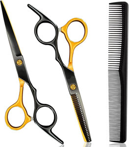 Ciseaux de coiffure professionnels en acier inoxydable 440C, ensemble de ciseaux à effiler pour barbier, revêtement noir et or, vente en gros OEM - Product Image 1