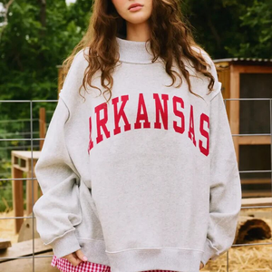 Sweat-shirt gris oversize pour femme, col ras du cou, épaules tombantes, imprimé lettres, style universitaire, col montant, en molleton épais, pour le jour du match - Product Image 1
