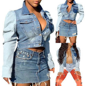 Popular Casual Short <b>Denim</b> Coat Button Linking Puff Long Sleeve Blue <b>Jackets</b> for Women - Product Image 6