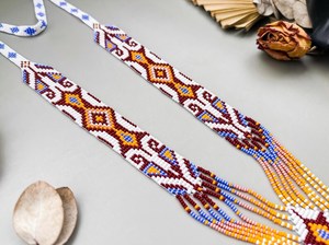 TRENDING Handmade DESIGN Boho hippie necklace, ethnic beaded jewelry , Long Gerdan, cream blue orange necklace for wedding, gift - Product Image 2