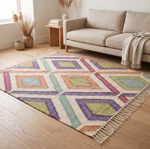 Tapis Kilim en coton tissé à la main 5' x 8' motif losanges, écologique et adapté aux animaux domestiques, pour salon, style scandinave, bohème, mi-siècle - Product Image 2
