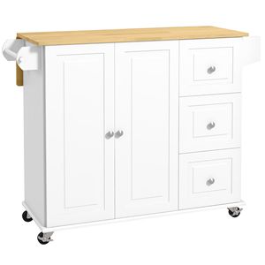 Carrello da Cucina Moderno Portatile con Piano Ribaltabile Bianco, 3 Cassetti, Top in Legno di Quercia Naturale, Porta Spezie e Porta Asciugamani - Product Image 1