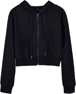 Sudadera con capucha corta negra para mujer, de manga larga, con cremallera, de color liso, de punto, para otoño - Product Image 1