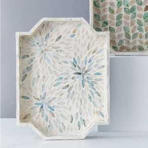 Handmade Luxury Mother of Pearl Inlay Round Serving Tray Turquoise Floral Capiz Shell <b>Mosaic</b> Decorative Ottoman Tray for Home - Product Image 3