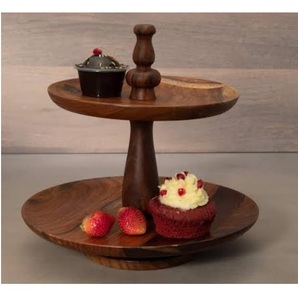 Soporte para servir pasteles de diseño artesanal con forma redonda para fiestas y celebraciones, utensilio de mesa de madera redondo con superficie de mármol. - Product Image 3