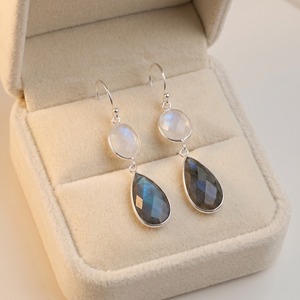 Pendientes colgantes de labradorita y piedra lunar arcoíris, plata de ley 925, piedras preciosas facetadas, pendientes colgantes hechos a mano, regalo para mujer - Product Image 4