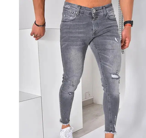 Jeans de mezclilla para hombre, corte ajustado, desgastados, grises, de cintura alta, estilo casual, de algodón de peso medio, pierna recta, para otoño, en oferta - Product Image 2